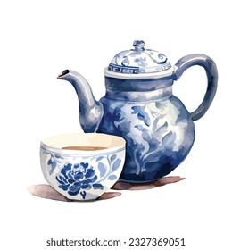 Chinoiserie traditional china tea pot and tea cup in watercolor