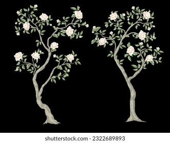 Árboles Chinoiserie con peonías blancas aisladas. Vector