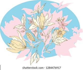 Chinoiserie Vector Flowers. Vector Illustration. Invitation Card Design On Blue Circle Frame.