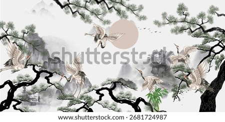 Chinoiserie vector illustration of an abstract background with heron art