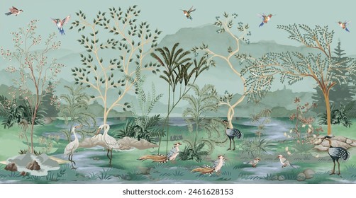 Chinoiserie Vintage floral illustration for wallpaper, fabric, poster, print. Mural. Bloom. Seamless background,Birds Watercolor background.