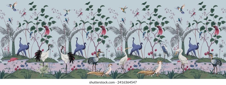 Chinoiserie Wallpaper background Design, Flower and Birds, Watercolor tree.