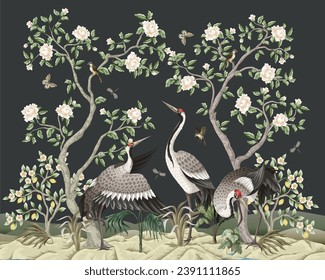 Chinoiserie wallpaper with peonies trees and dancing cranes. Vector