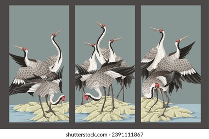 Chinoiserie wallpaper with peonies trees and dancing cranes. Vector