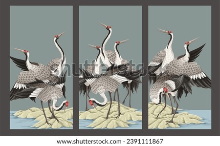 Chinoiserie wallpaper with peonies trees and dancing cranes. Vector