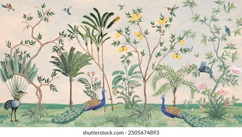 Chinoiserie Wallpaper,beautiful chinoiserie wallpaper for wall Mural, Tropical Plant, Birds, Peacock and watercolor background.