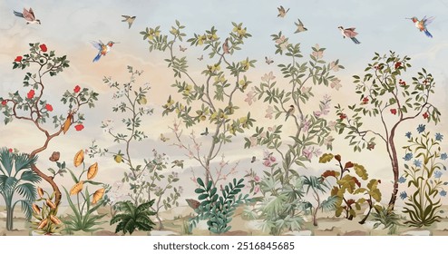 chinoiserie wallpapers, Birds, Beautiful Landscape, Wall Mural.