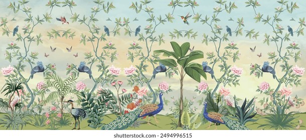 chinoiserie wallpapers, Peacock, Birds, Watercolor background.