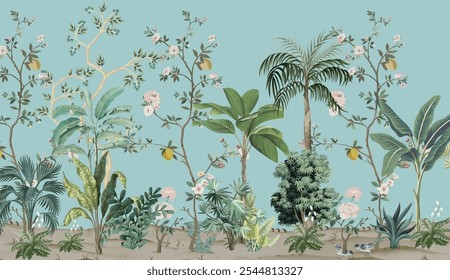 Chinoiserie, Mão pintado papel de parede e tecidos, Mural de parede do jardim tropical.