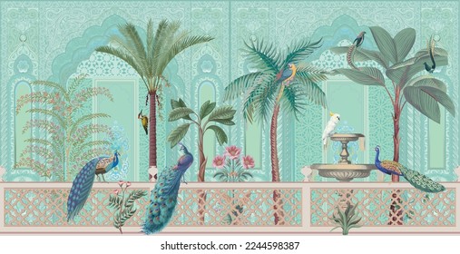 Chinoiseries peacock, Birds Palace garden royal Wallpaper