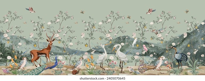 Chinoiseries style Seamless pattern with peonies trees, butterfly and birds . Vector.