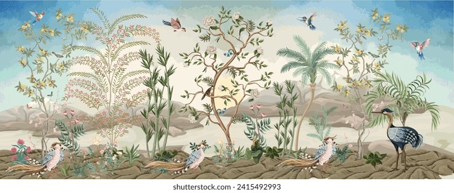 Chinoiseries style Seamless pattern with peonies trees, butterfly and birds, tropical tree, watercolor background.