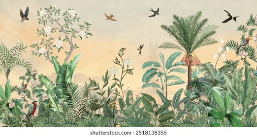 Chinoiseries Wall Mural, Watercolor Background, Birds, Tropical Tree.