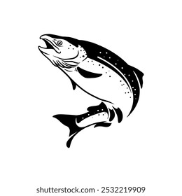 Logotipo de Salmão Chinook, Preto e Chinook Salmão peixe saltando para fora da água, Ótimo para sua atividade de pesca de Salmão Chinook.