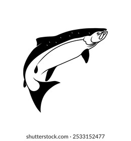 Logotipo de Salmão Chinook, Preto e Chinook Salmão peixe saltando para fora da água, Ótimo para sua atividade de pesca de Salmão Chinook.