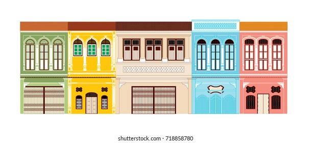 Chino-portuguese styles at Phuket Old town.Vector illustration