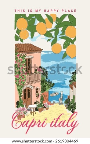 Chinque terry Italy. Vector aesthetic illustration of Italian town Positano,wild beach, seamless pattern blue ceramics, ornament,  background, card, postcard, poster, invitation