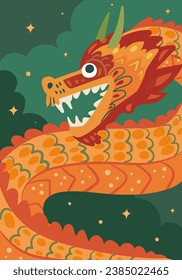 Chinse New Year dragon on background of green sky with stars. Vector illustration of mythology monster, Japanese or Chinese beast animal, fantasy creature in flat cartoon style