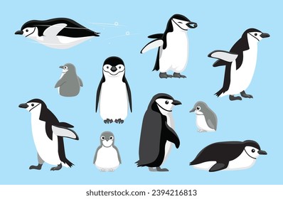 Chinstrap Penguin Chick Cute Bird Winter Set Cartoon Vector