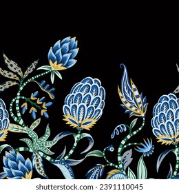 Chintz border with flowers and leaves. Vector