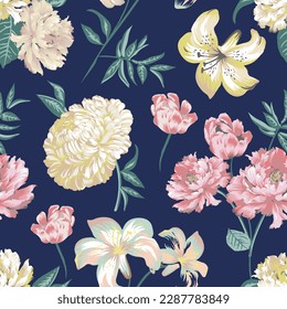 CHINTZ BOTANICS FLORAL ALL OVER PRINT SEAMLESS PATTERN VECTOR ILLUSTRATION