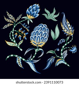 Chintz elements, flowers and leaves. Vector