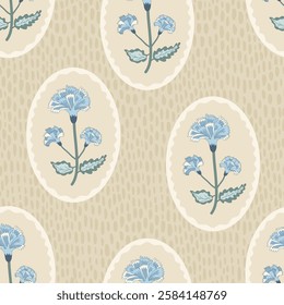 Chintz farmcore seamless pattern. Wildflowers in retro frame endless background. Floral repeat cover. Farmhouse continuous ornament. Vector medallion vintage print.