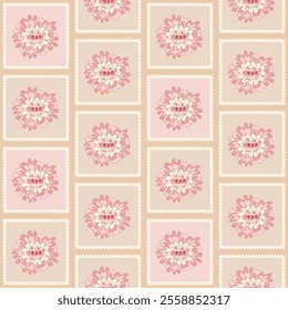 Chintz floral postal seamless pattern. Modern flower in rectangle frames endless background. Farmhouse continuous ornament with wildflower motif. Vector hand drawn illustration.