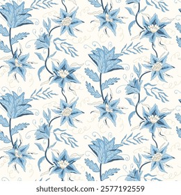 Chintz floral seamless pattern. Flowers repeat background cover. Surface pattern design modern wildflowers motif. Branches and plumeria whimsical farmcore decoration. Vector hand drawn illustration.
