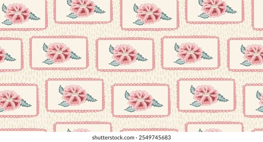 Chintz floral seamless pattern. Modern flower in rectangle frames endless background. Farmhouse continuous ornament with wildflower motif. Vector hand drawn illustration.