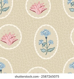 Chintz modern style seamless pattern. Wildflowers in retro frame endless background. Floral repeat cover. Farmhouse continuous ornament. Vector medallion retro print.