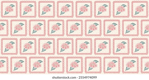 Chintz pachwork floral seamless pattern. Modern flower in square frames endless background. Farmhouse continuous ornament with wildflower motif. Vector hand drawn illustration.