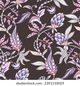 Chintz seamless pattern with flowers and leaves. Vector