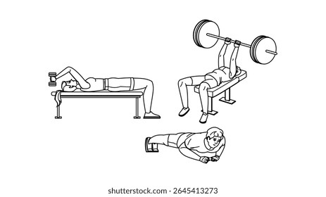 chinup fitness exercises arm vector. press extension, stretch lift, row swing chinup fitness exercises arm character. people black line pencil drawing illustration