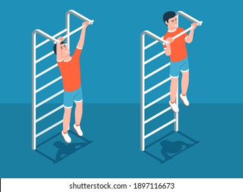 Chin-up on bar exercise. Bodyweight Athletic workout. Vector isometric illustration.