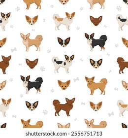 Chion seamless pattern. Chihuahua Papillon mix. Different coat colors set.  Vector illustration