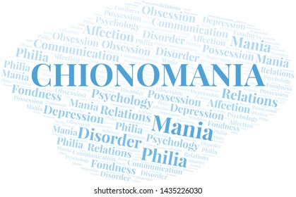 Chionomania word cloud. Type of mania, made with text only.