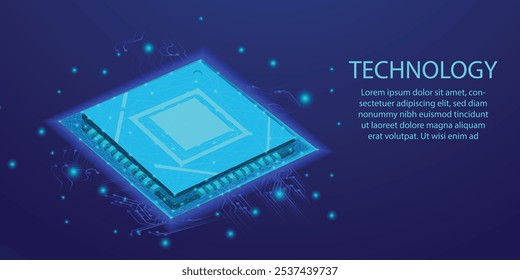 chip and abstract digital atom icon on technology background. Science tech bg. Circuit light lines and cpu processor. Artificial Intelligence innovation concept. 3D wireframe vector illustration.
