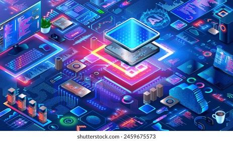 Chip with AI control smart devices. Electronics CPU industry. Hardware, software computer technology. Development, engineering electronics systems, devices. AI Processor. Artificial Intelligence.