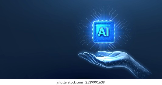 Chip com letras AI na mão. Tecnologia de IA, núcleo de robô, linha elétrica, inteligência artificial, sistema de CPU, tecnologia futura, conceito de computação em nuvem eletrônica. Ilustração vetorial abstrata