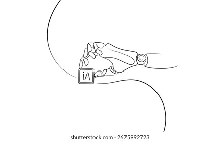 Chip AI con la mano de la tecnología, dibujo continuo de la línea. Esquema de tecnología digital de red inteligente. Ilustración vectorial