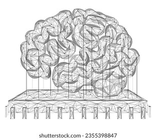 Chip con cerebro artificial. Diseño poligonal de líneas y puntos. Fondo blanco.