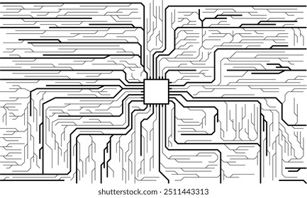 Chip background with circuit elements monochrome background. Circuit board, AI semiconductor and computer processor