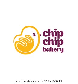 chip chip bakery logo from a chick with orange line and exclusive purple font