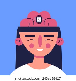 Chip in brain girl to restore autonomy and abilities to people with unmet medical needs. Digital AI brain. Flat vector illustration.