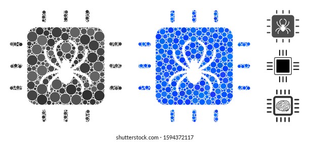 Chip bug composition of round dots in variable sizes and shades, based on chip bug icon. Vector dots are combined into blue composition. Dotted chip bug icon in usual and blue versions.