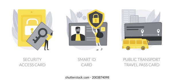Chip card abstract concept vector illustration set. Security access card, smart ID, public transport travel pass, unlocking door, office entrance, trip ticket, identity verification abstract metaphor.