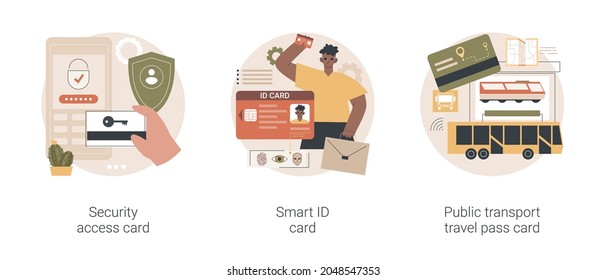 Chip Card Abstract Concept Vector Illustration Set. Security Access Card, Smart ID, Public Transport Travel Pass, Unlocking Door, Office Entrance, Trip Ticket, Identity Verification Abstract Metaphor.