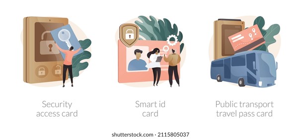 Chip card abstract concept vector illustration set. Security access card, smart ID, public transport travel pass, unlocking door, office entrance, trip ticket, identity verification abstract metaphor.