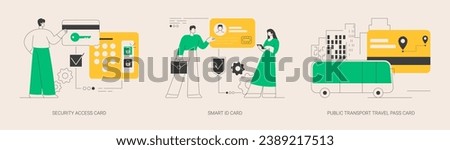 Chip card abstract concept vector illustration set. Security access card, smart ID, public transport travel pass, unlocking door, office entrance, trip ticket, identity verification abstract metaphor.